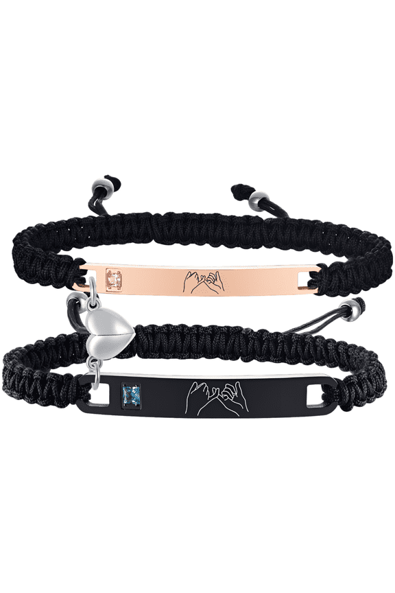 Couple Bracelets Set, with Strong Attachment Force Heart, Stainless Steel Inlaid Diamond, Adjustable Braided Rope, Engraved Promise Pattern, Gift for Lovers