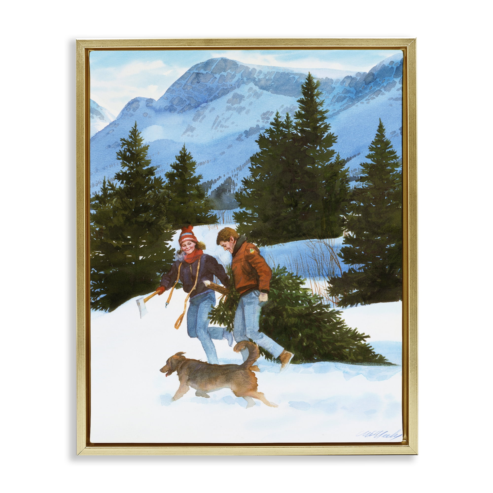 Couple Bringing Home Tree Gold Framed Floater Canvas Wall Art, design by Wind River Studios
