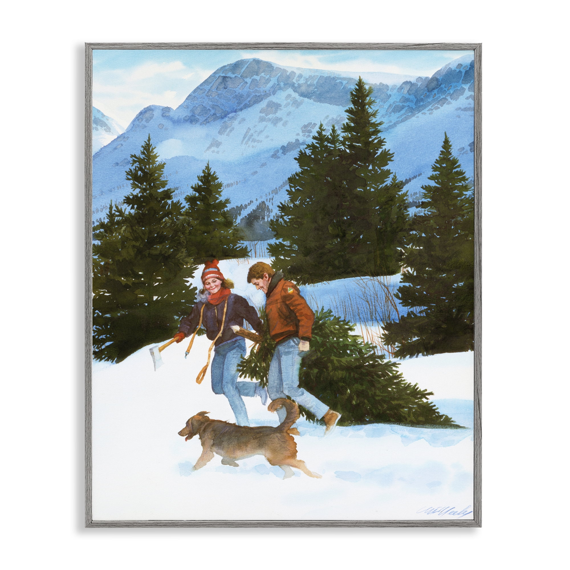Couple Bringing Home Tree Gray Framed Giclee Art, design by Wind River Studios