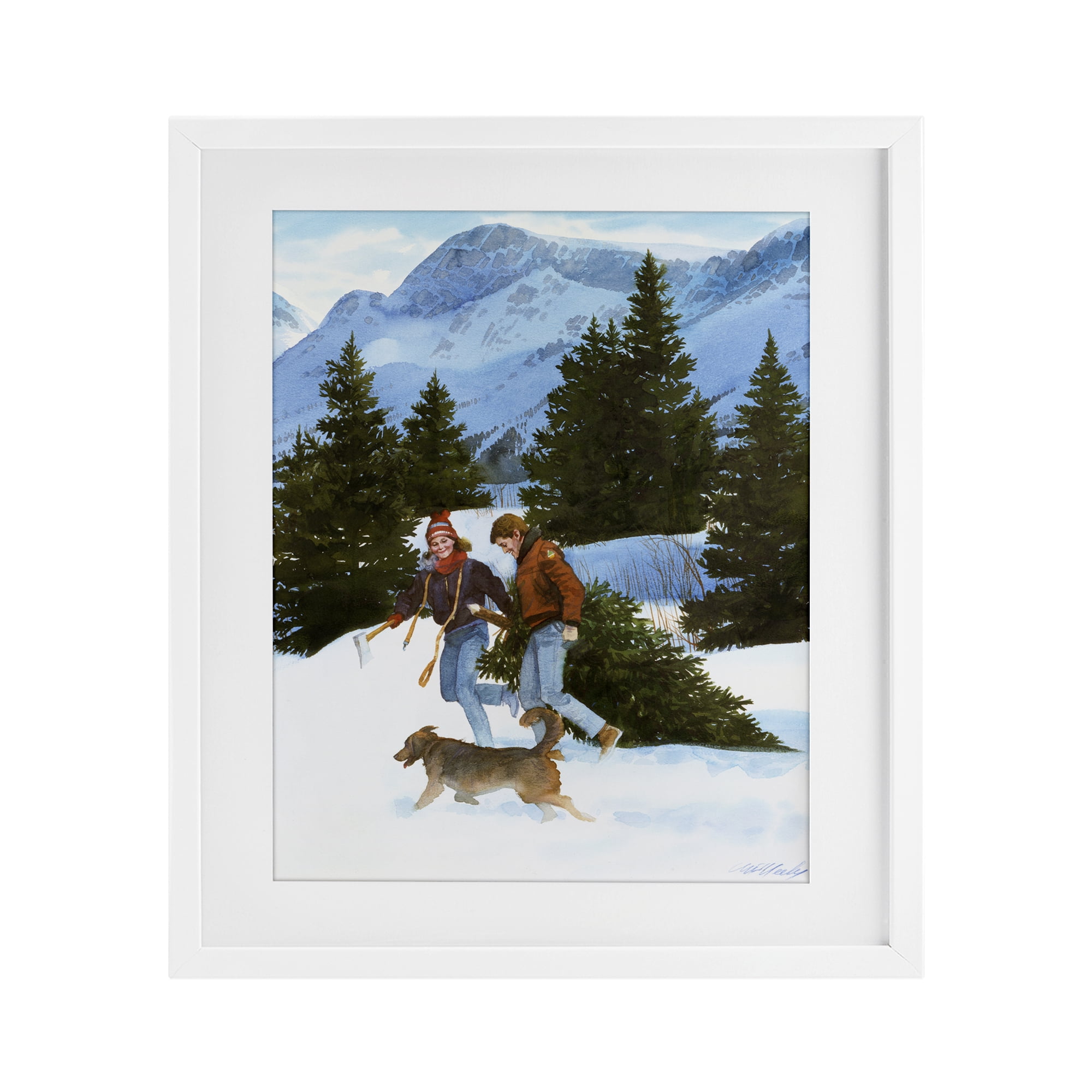 Couple Bringing Home Tree White Framed Print Under Glass, design by Wind River Studios