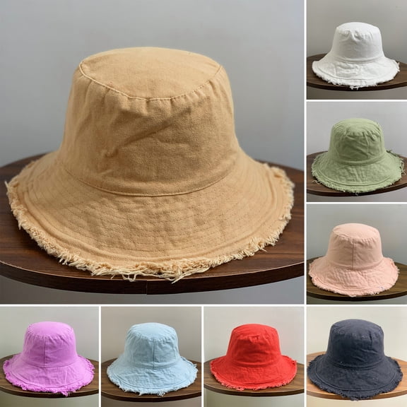 Couple Bucket Hat Ripped Edge Flat Top Double-sided Wear Solid Color Lightweight Anti-UV Sun Protection Fisherman Cap for Hiking Outings Traveling