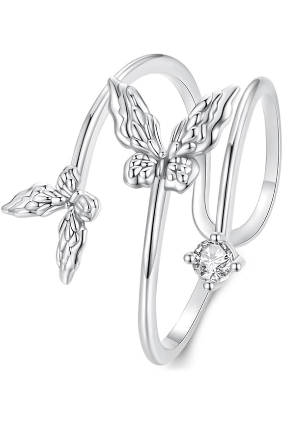 Couple Butterfly Adjustable Open Wrap Ring 925 Sterling Silver White Gold Plated Stacking Statement Wedding Finger Rings for Women Fashion Layered Comfort Fit Christmas Valentine Jewelry