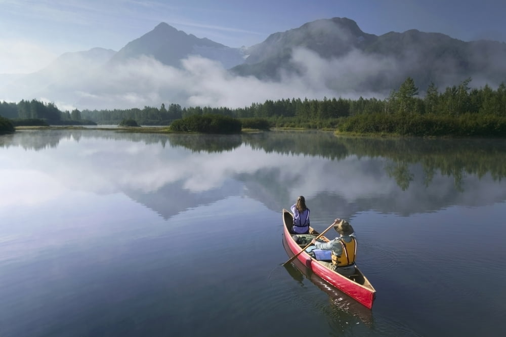 Couple Canoeing On Lake Portage Valley Sc Ak Summer Canvas Art - Michael DeYoung Design Pics (34 x 22)