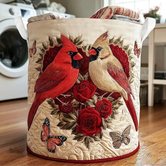 Couple Cardinal Bird Laundry Basket, Floral Laundry Hamper, Red Bird Rose Storage Bin, Rustic Farmhouse Laundry Decor, Cardinal Bird Dcor