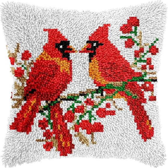 Couple of Cardinal Birds Latch Hook Pillow Kits for DIY Handmade Throw Pillow Cushion Embroidery Latch Hooking Pillowcase Kits with Preprinted Canvas Crochet Yarn Kits 17''X 17''(g195)