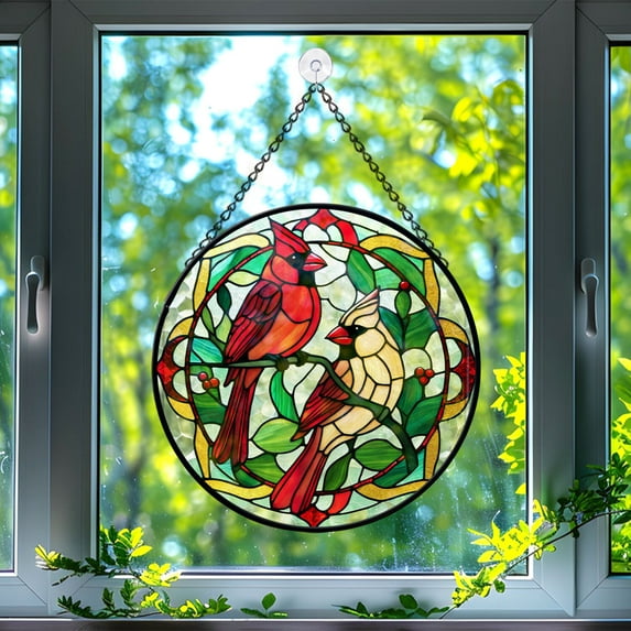 Couple Cardinal Stained Glass Suncatcher, Couple Cardinal Glass Suncatchers for Windows For Merry Christmas