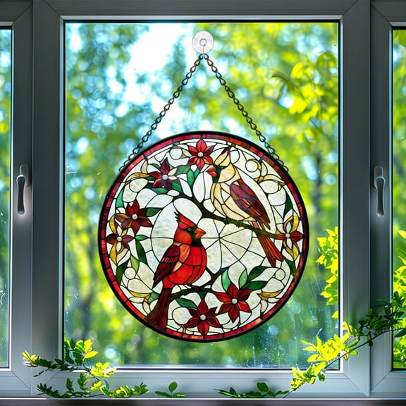 Couple Cardinal Stained Glass Suncatcher, Couple Cardinal Glass Suncatchers for Windows For Merry Christmas