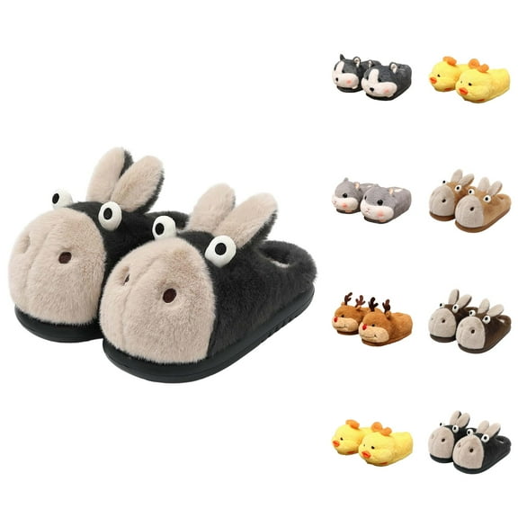 Couple Cartoon Animal Slippers With Padded Heels Winter Warm Indoor Floor Shoes