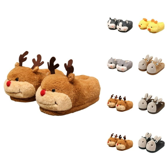Couple Cartoon Animal Slippers With Padded Heels Winter Warm Indoor Floor Shoes