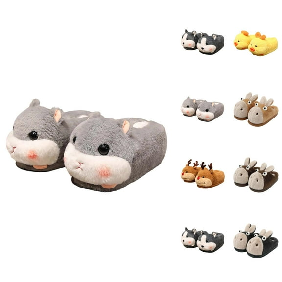 Couple Cartoon Animal Slippers With Padded Heels Winter Warm Indoor Floor Shoes