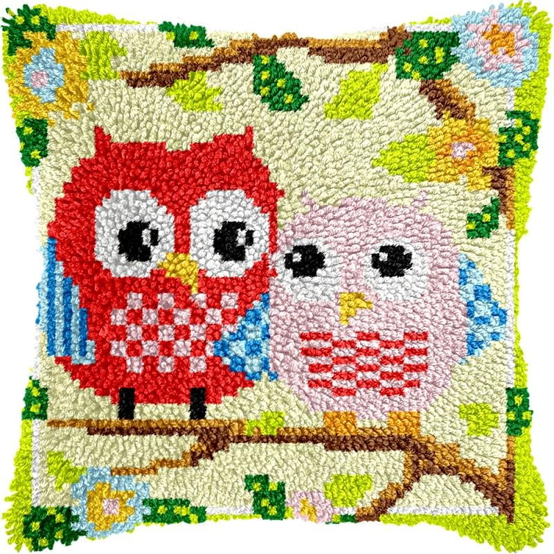 Couple of Cartoon Owl Latch Hook Pillow Kits Pillow Cover with Pattern Printed Canvas Crochet Cross Hooking Pillowcase Cushion Crafts Embroidery Latch Hooking Crochet Kits 17x17 inch(39)