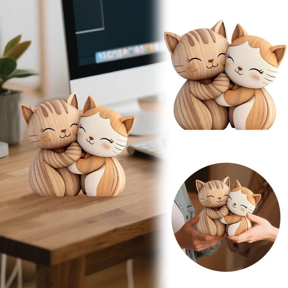 Couple Cat Wooden Sculpture - Cat Shaped Acrylic Plaque Ornament, 2D Flat Desk Decoration with Animal, Unique Gift for Cat Lovers Valentines Day Home and Office Decoration,Couple Cat-B