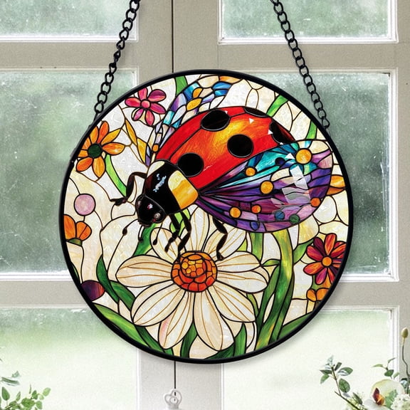 Couple Christmas Gift - Botanical Ladybug Stained Glass Hanging Ornament - Cozy Christmas Tree Decor, Winter Holiday Gift for Mom, Dad, Family, Friends