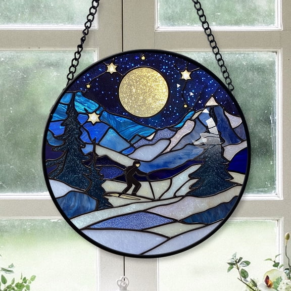 Couple Christmas Gift - Skiing Christmas Stained Glass Hanging Ornament - Glossy Round Holiday Tree Decoration, Xmas Gift for Dad, Mom, Family & Friends, Keepsake 2025