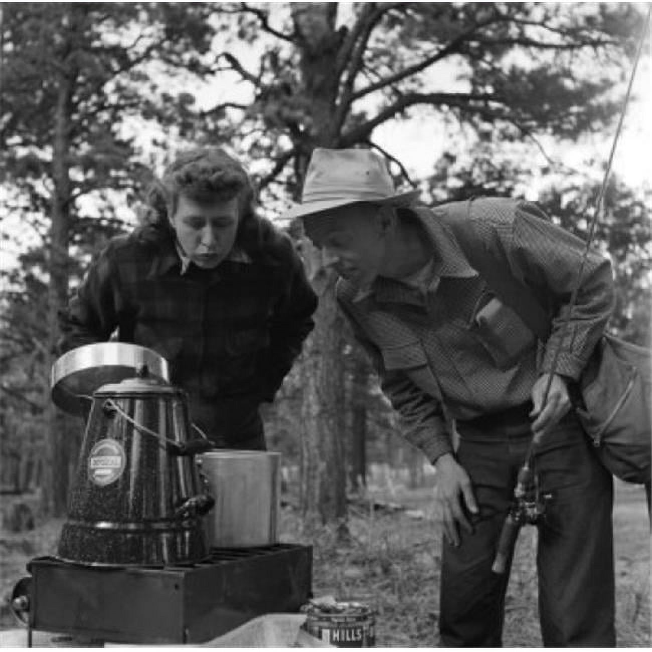 Couple Cooking Outdoors Man Holding Fishing Rod Poster Print