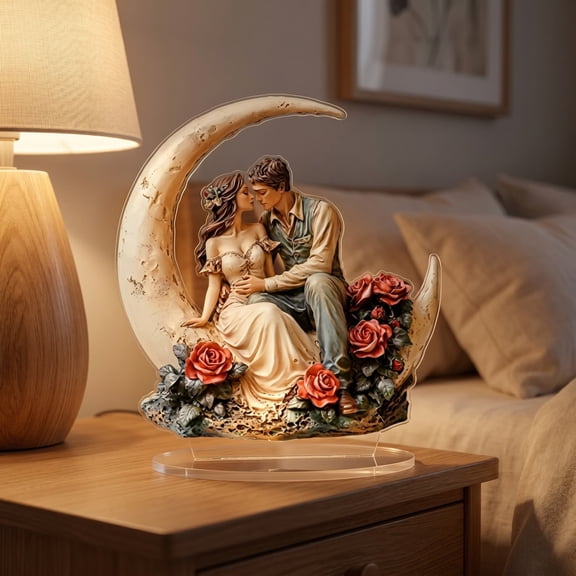 Couple Crescent Moon Acrylic Tabletop Stand 2D, Romantic Rose Lover Figurine for Wedding Anniversary Desktop Decor, Scratch Resistant Colorfast Display for Bedroom and Shelf, Valentine Gift