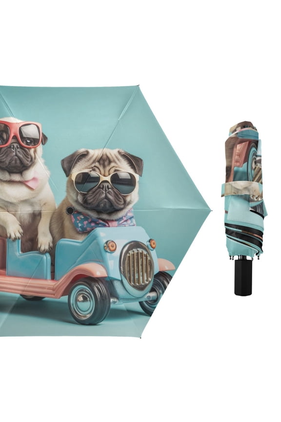 Couple Dog on Toy Car Compact Sun Umbrella Windproof Travel Umbrellas for Rain Strong Portable UV Protection