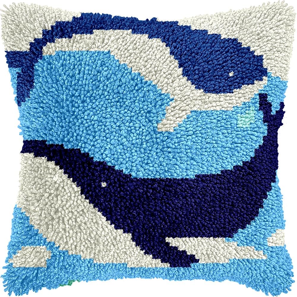 Couple of Dolphins Latch Hook Pillow Cover Kits for DIY Handmade Throw Pillow Cross Stitch Latch Hooking Pillowcase Kits with Preprinted Color Pattern Canvas Crochet Yarn Kits 17''X 17''(7-71)