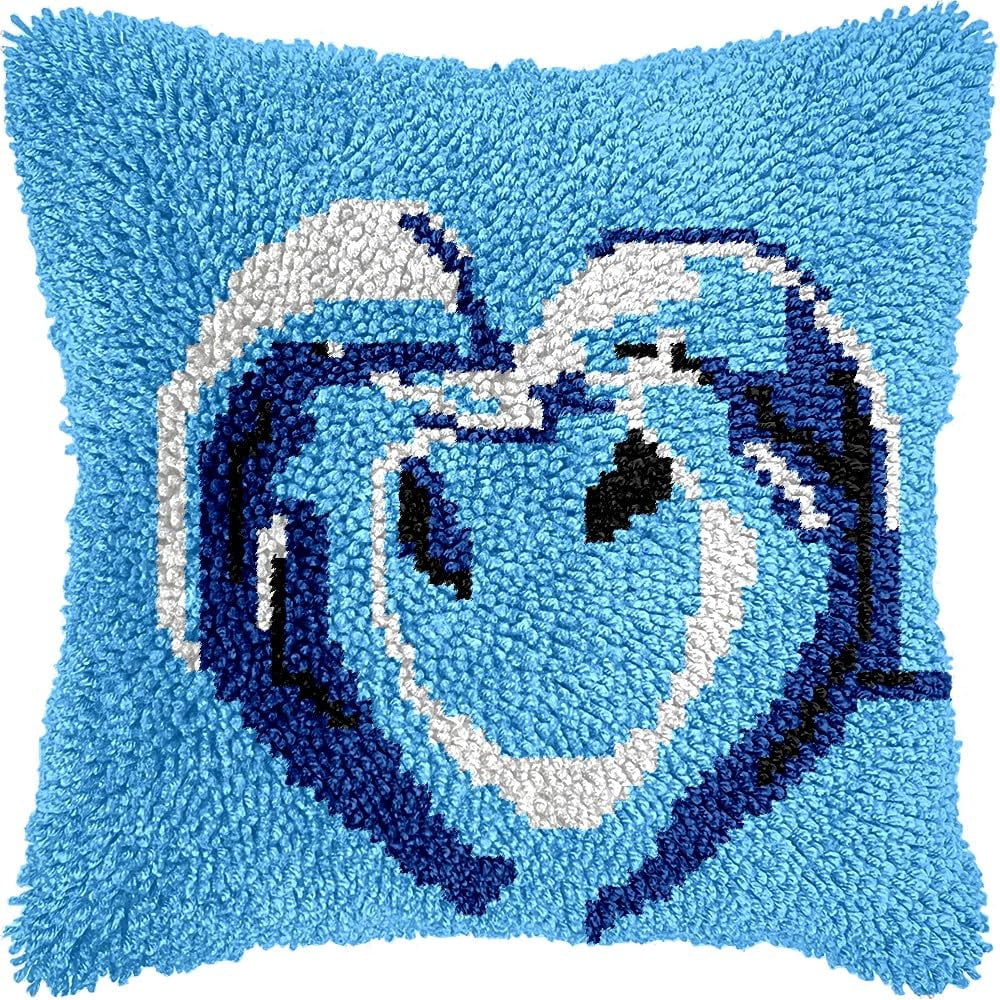 Couple of Dolphins Latch Hook Pillow Kits for DIY Throw Pillow Cushion Embroidery Latch Hooking Pillowcase Kits with Preprinted Canvas Crochet Yarn Kits for Home Decor 17''X 17''(C93)