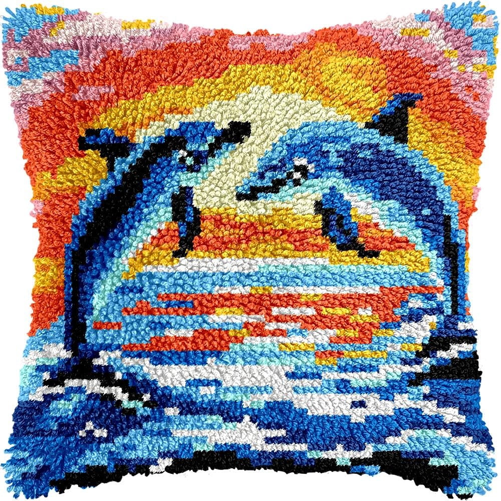 Couple of Dolphins Latch Hook Pillow Kits for DIY Throw Pillow Cushion Embroidery Latch Hooking Pillowcase Kits with Preprinted Canvas Crochet Yarn Kits for Home Decor 17''X 17''(C90)