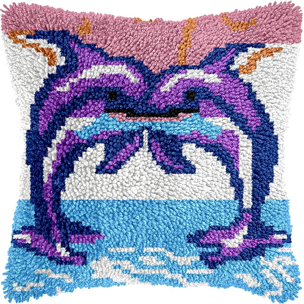 Couple of Dolphins Latch Hook Pillow Kits Pillow Cover Latch Hook Crafts Crochet Knitted Hooking Pillowcase Cushion Crafts Embroidery Latch Hooking Kits Material Set 17x17 inch(216)