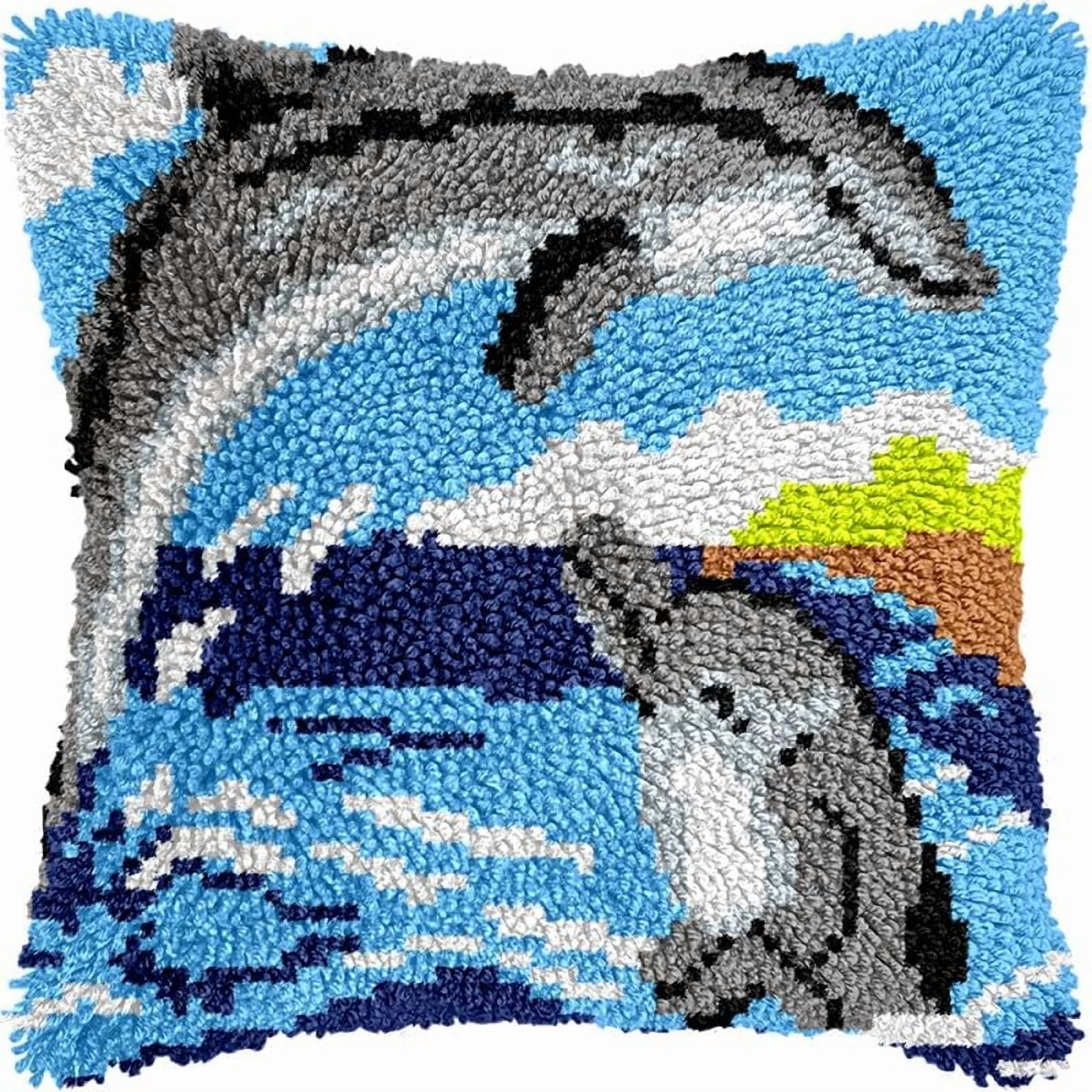 Couple of Dolphins Latch Hook Pillow Kits Pillow Cover with Pattern Printed Canvas Crochet Cross Hooking Pillowcase Cushion Crafts Embroidery Latch Hooking Crochet Kits 17x17 inch(23)