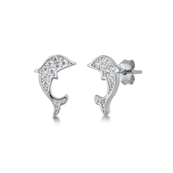 Couple Dophin Stud Earrings, Sterling Silver 925 With CZ Jewelry