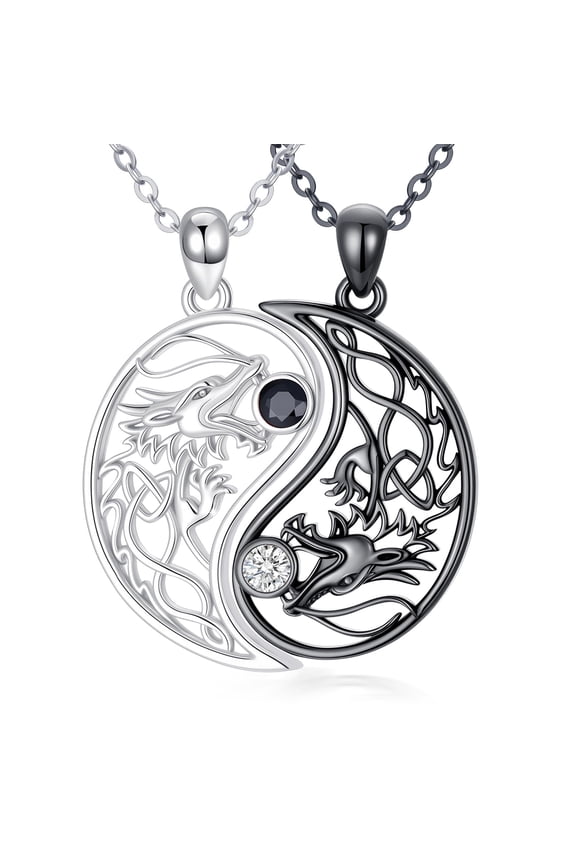 Couple Dragon Necklace S925 Sterling Silver for Women Men Yin Yang Matching Necklace for 2 Dragon Couple Jewelry Gifts for Birthday Anniversary Christmas