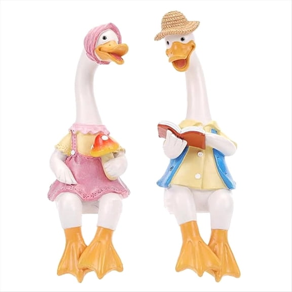 Couple Duck Garden Statues Cartoon Resin Cute Sitting Chicken Sculpture Goose Lovers Figurine Gift Decoration for Home B,2 x Decorations