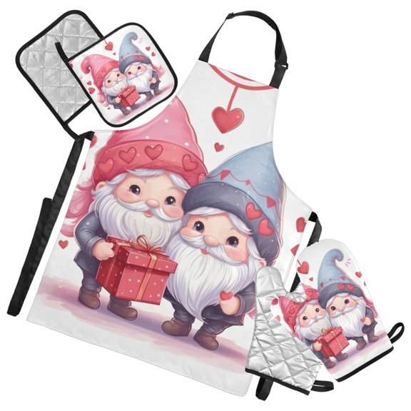 Couple Dwarf and Gift 5 Pcs Kitchen Set Heat Resistant Oven Mitts and Non-Slip Pot Holders with Adjustable Cooking Apron