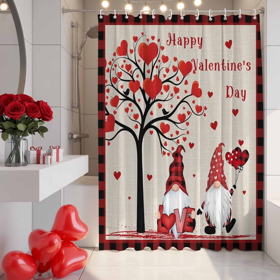 Couple Dwarfs Shower Curtain, 72" x 72", Valentine's Day Love Tree Rustic Waterproof Bathroom Curtain Washable Shower Curtain Set with 12 Hooks