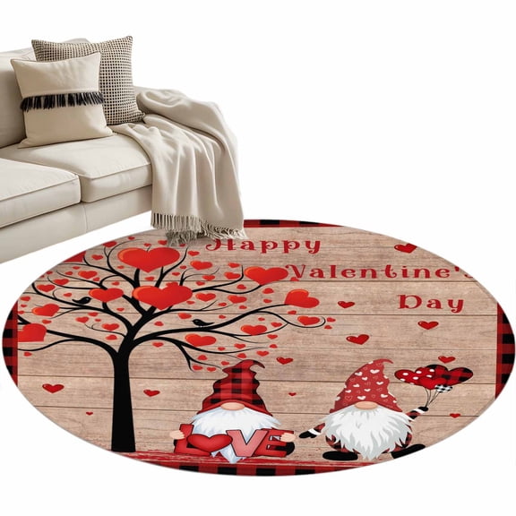 Couple Dwarfs Washable Round Area Rug 3.3 ft, Valentine's Day Love Tree Wood Grain, Soft Non Slip Rugs Stain Repellent Indoor Felt Carpet for Living Dining Room Bedroom Home Office