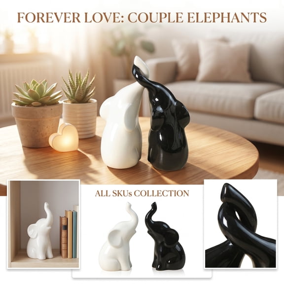 Couple Elephant Figurines Set, Intertwined Trunks Resin Animal Statues for Home Decor, Minimalist Black & White Tabletop Ornament for Bookshelf & Desk