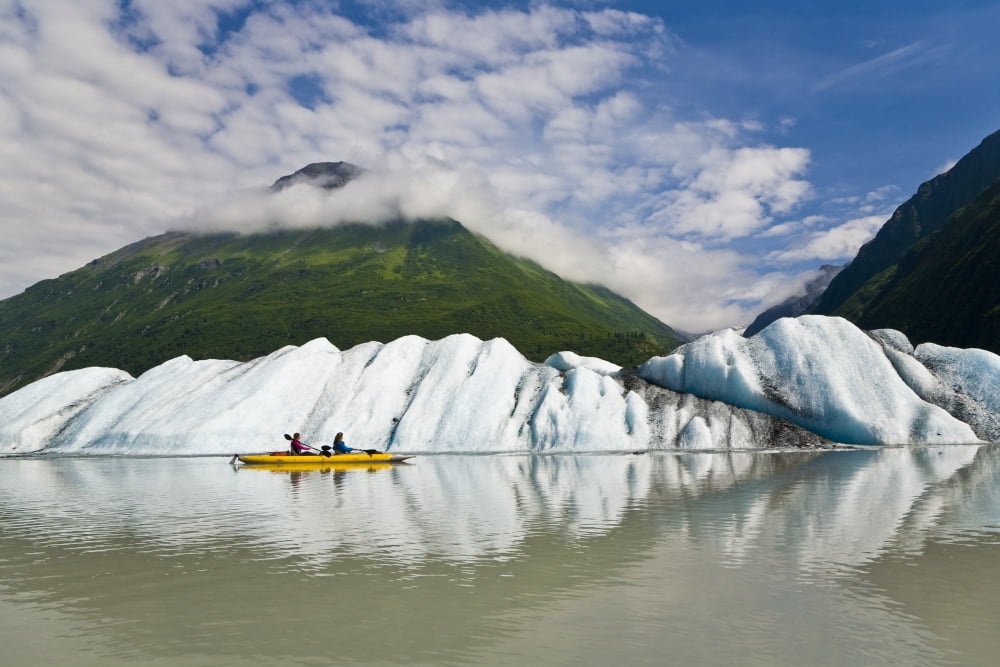 Couple Exploring Valdez Glacier Lake In A Tandem Inflatable Sea Kayak In Prince William Sound Near Valdez Alaska During Summer Canvas Art - Michael DeYoung Design Pics (34 x 22)