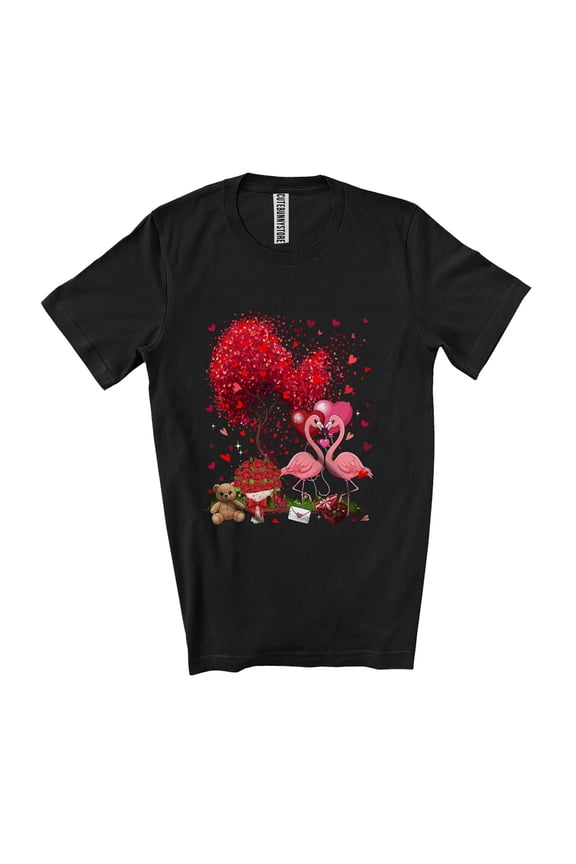 Couple Flamingo With Hearts Tree; Lovely Valentine's Day Heart Flowers Lover Unisex T-Shirt