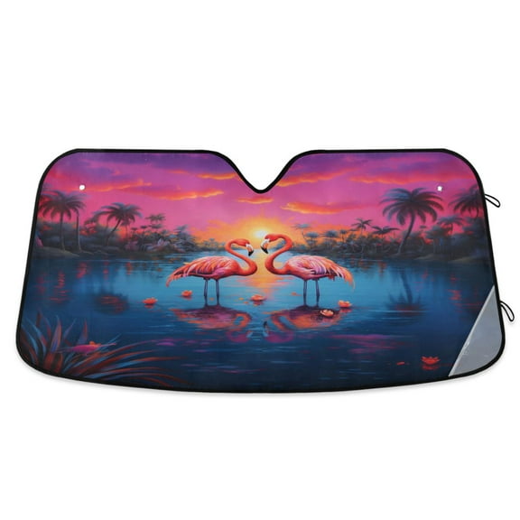 Couple Flamingos with Sunset Car Windshield Sun Shade Foldable Car Front Window Visor Heat and UV Protection 53x23.5