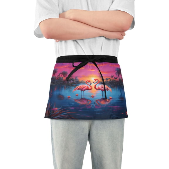 Couple Flamingos with Sunset Server Apron with 3 Pockets Waterproof Waitress Waist Short Apron for Man Woman 12 Inches