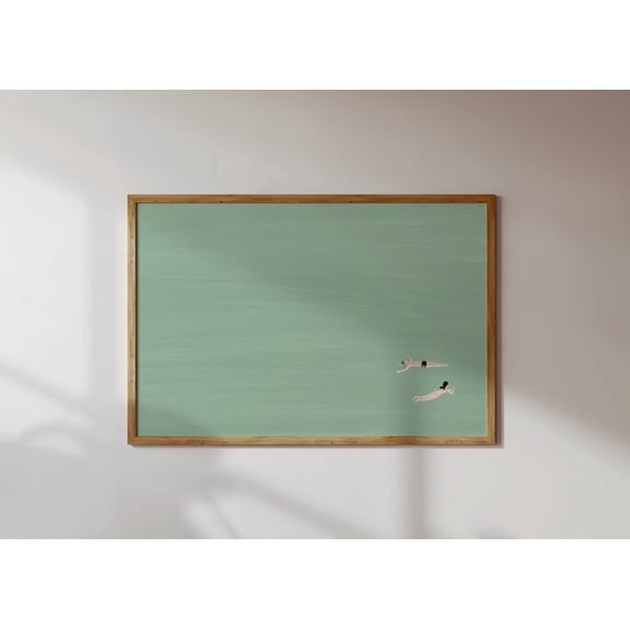 Couple Floating In Pool Horizontal Pale Green Swimming Pool Wall Art, Summer Pool Print Minimalist Beach House Art Poster , Poster Print Only