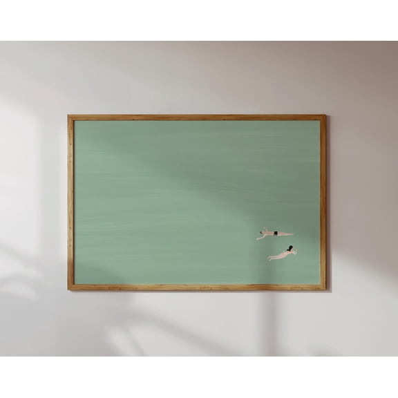 Couple Floating in Pool Horizontal Pale Green Swimming Pool Wall Art | Summer Pool Print Minimalist Beach House Art Unframed Physical Print, 8x12 UNFRAMED