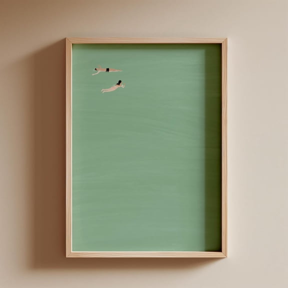 Couple Floating In Pool Mint Green Swimming Pool Wall Art Pastel Soft Green Summer Pool Minimalist Beach House Decor Unframed Physical, Unframed Poster