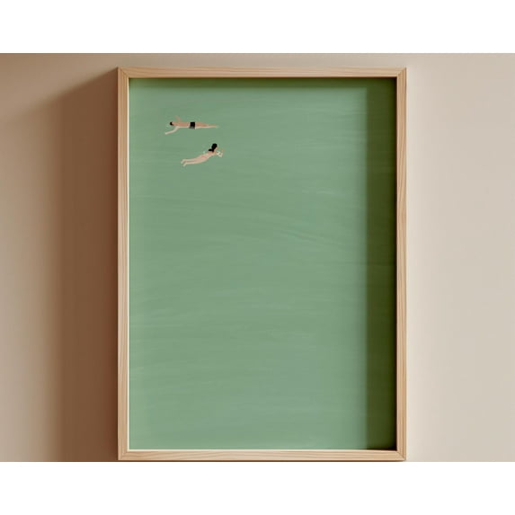 Couple Floating in Pool Mint Green Swimming Pool Wall Art Pastel Soft Green Summer Pool Minimalist Beach House Decor Unframed Physical Print, 8x12 UNFRAMED