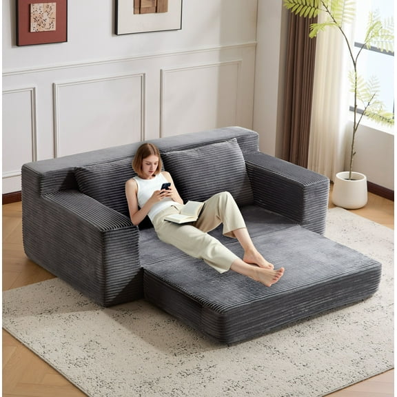 Couple-Friendly Gray Sofa Bed - Modern Minimalist Corduroy Fabric, Reversible Cushion & Pillows Included, No Assembly Required, Suitable for Living Room & Bedroom