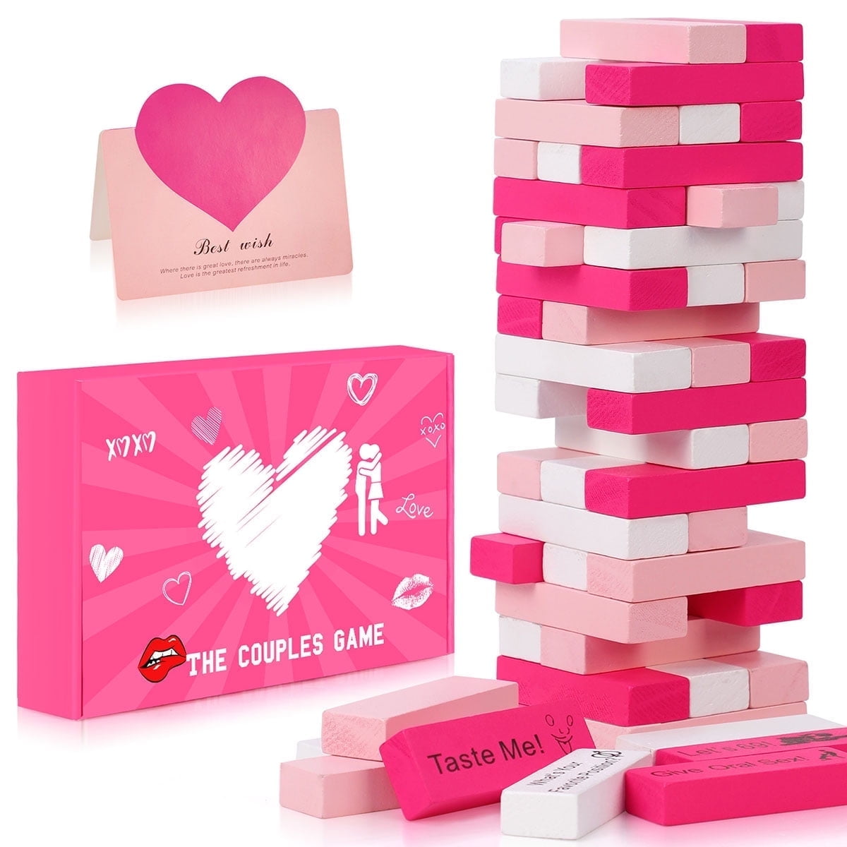 WETRBWEH Couple Game for Adults, 54-Piece Pink Wooden Tower Game for Date Night and Valentine's Day