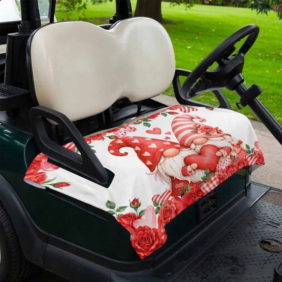 Couple Gnomes Golf Cart Seat Covers, 51" x 31" Universal Golf Cart Accessories for Men Women, Valentine's Day Romantic Red Heart Roses Floral Golf Cart Seat Towel Fits 2Seat Carts