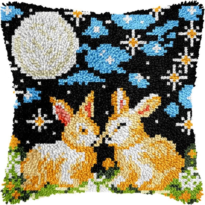 Couple of Gold Rabbits Latch Hook Pillow Kits Cushion Pillowcase with Pattern Printed Canvas Sofa Hooking Pillows Crafts Embroidery Latch Hooking Crochet Kits 17x17 inch(49)