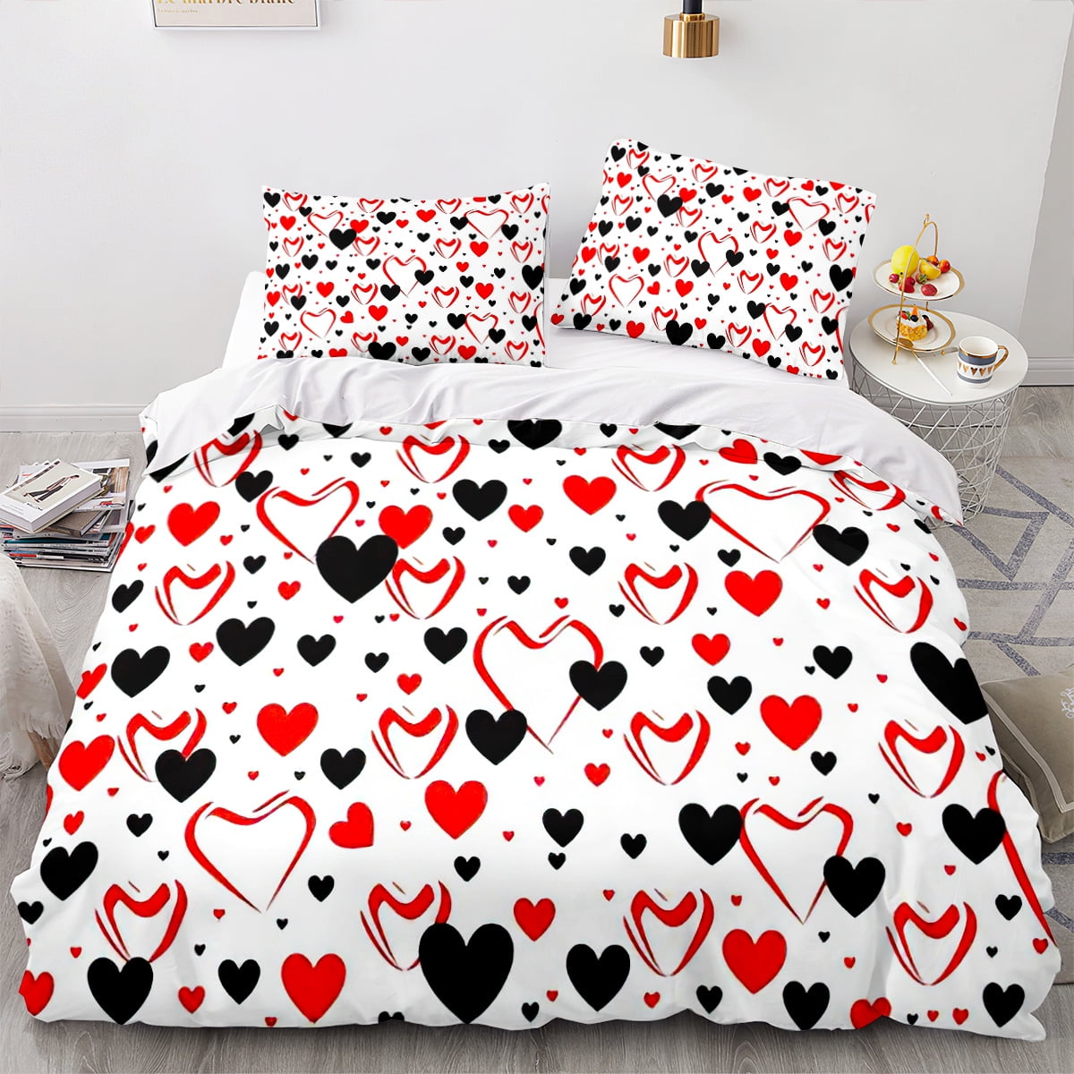 Couple Hearts Duvet Cover Set Queen Size,Bedding Set Love Heart Pattern