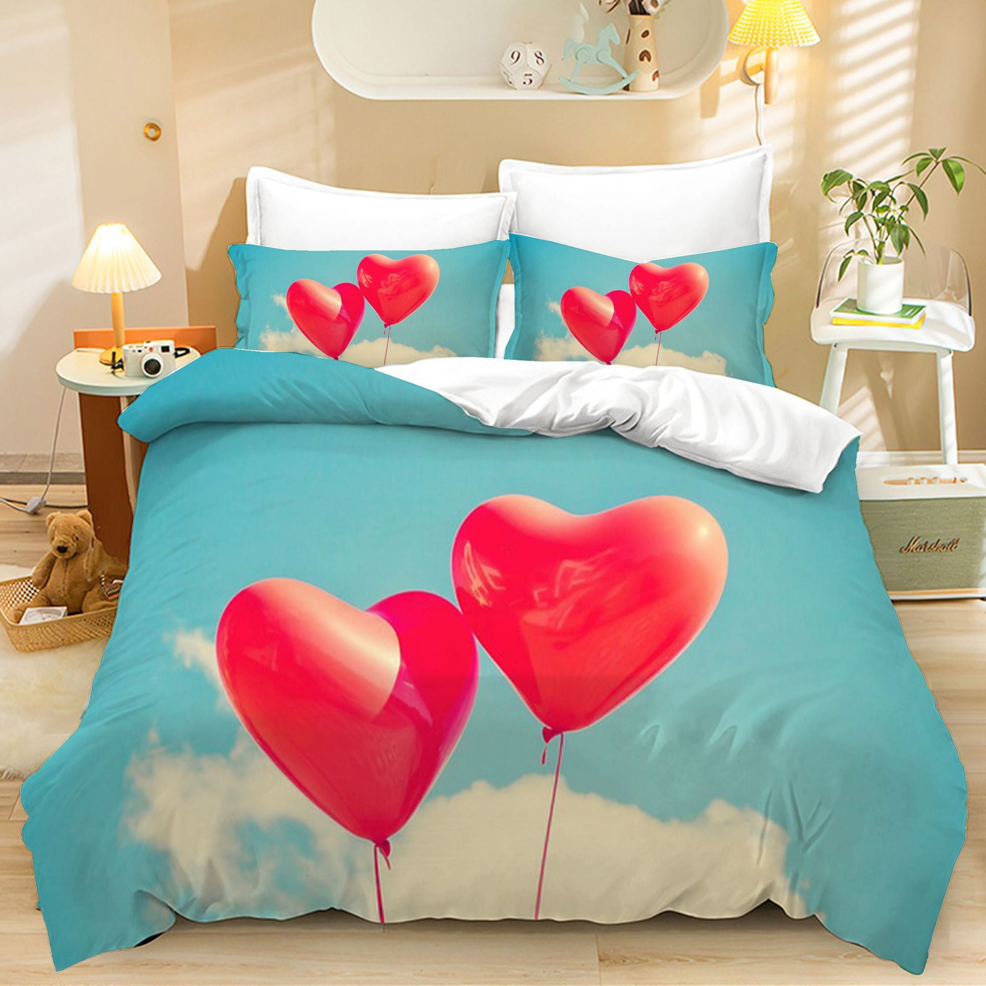 Couple Hearts Duvet Cover Set Queen Size,Bedding Set Love Heart Pattern