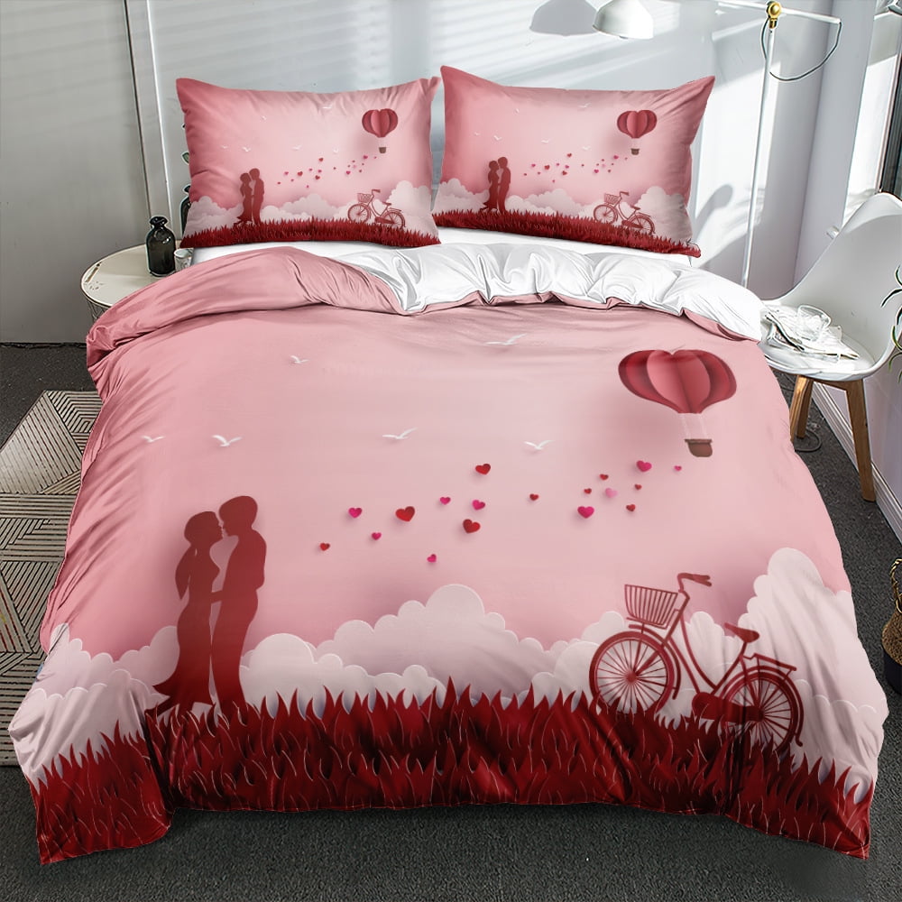 Couple Hearts Duvet Cover Set Queen Size,Bedding Set Love Heart Pattern