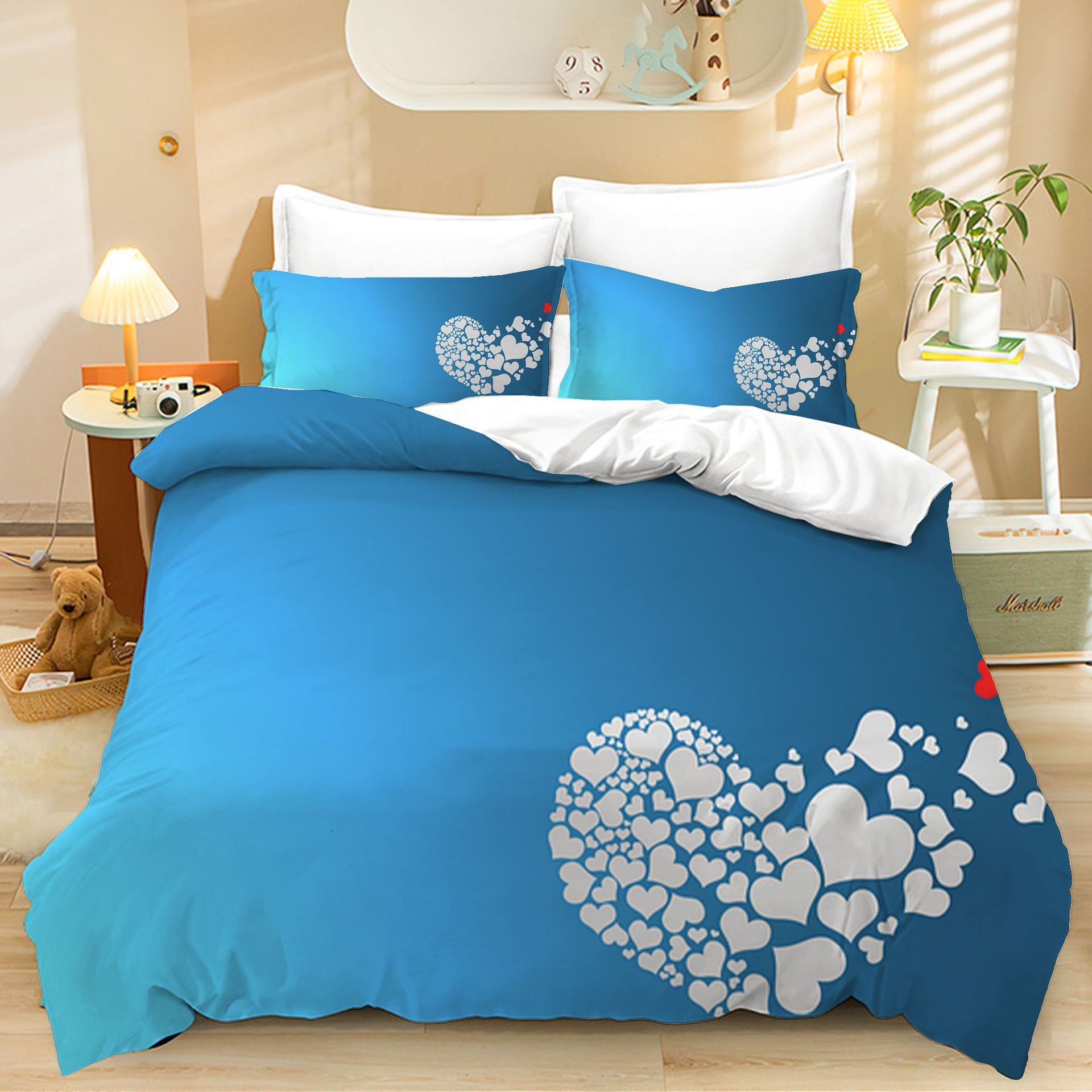 Couple Hearts Duvet Cover Set Queen Size,Bedding Set Love Heart Pattern