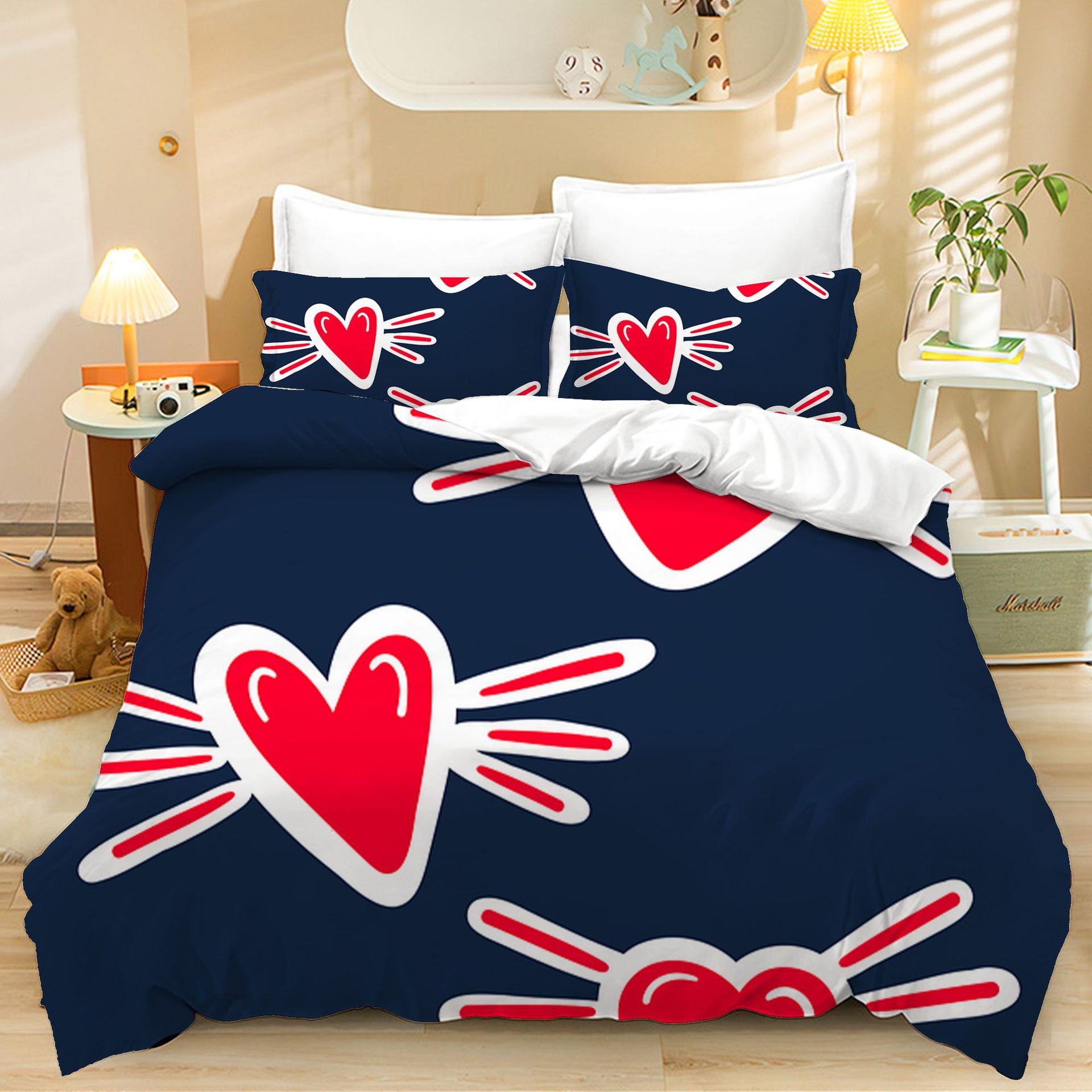 Couple Hearts Duvet Cover Set Queen Size,Bedding Set Love Heart Pattern